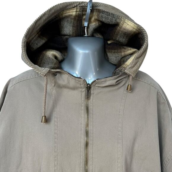 Vintage Brandon Thomas Chore Coat Reversible Khaki Brown Plaid Hooded Mens Large - Picture 5 of 16